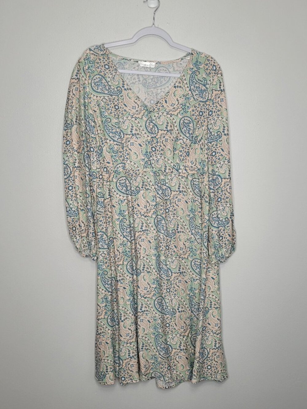 89th and Madison pastel green blue paisley print midi brunch cottage dress L